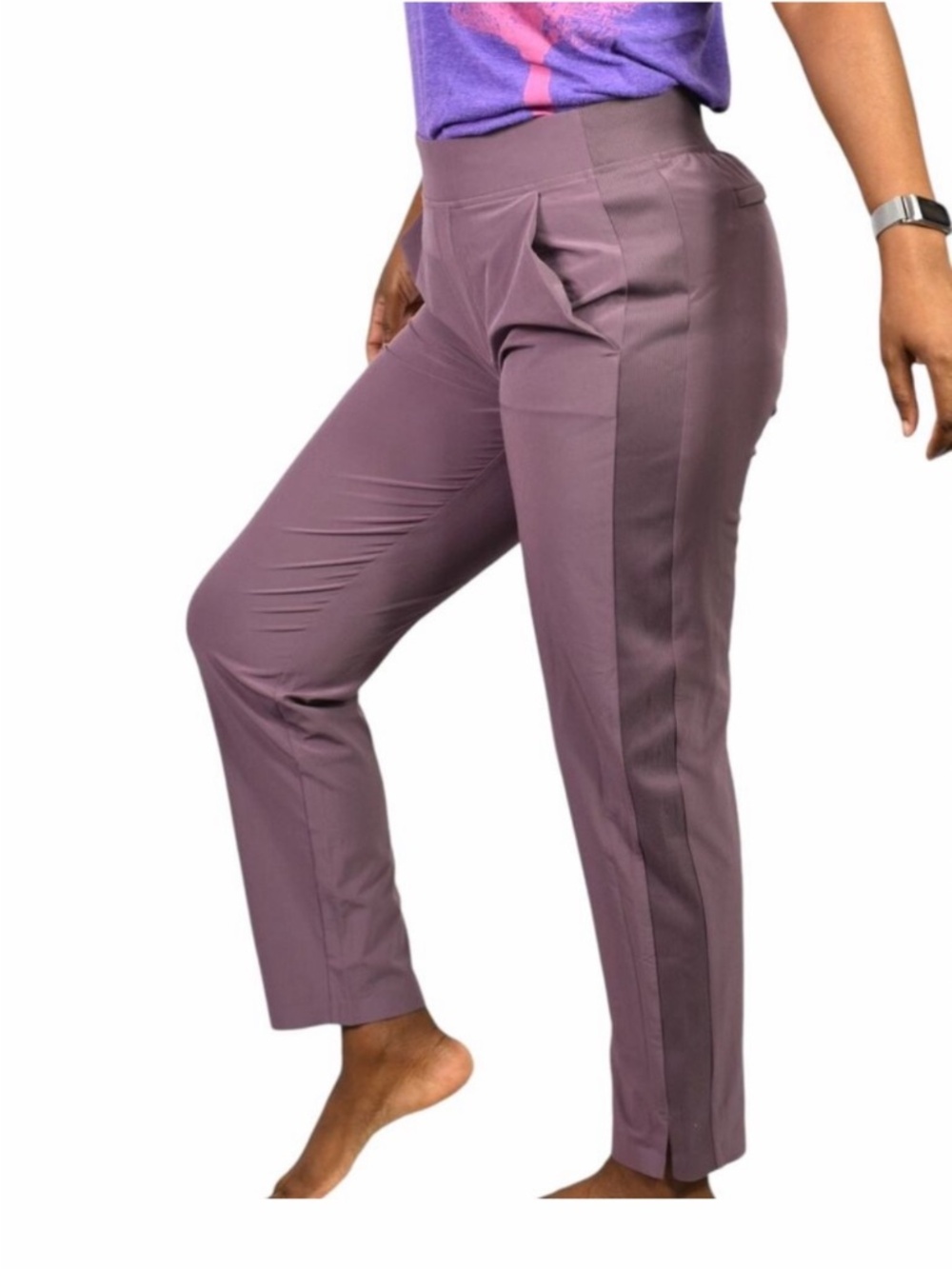 Athleta Pants Brooklyn Ankle Pant Purple Damask Mauve Tapered MidRise Stretch 10